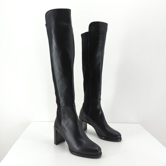 Stuart Weitzman Women 4 Lowjack Boots 5050 Black Leather Over The Knee OTK Block - Picture 1 of 11